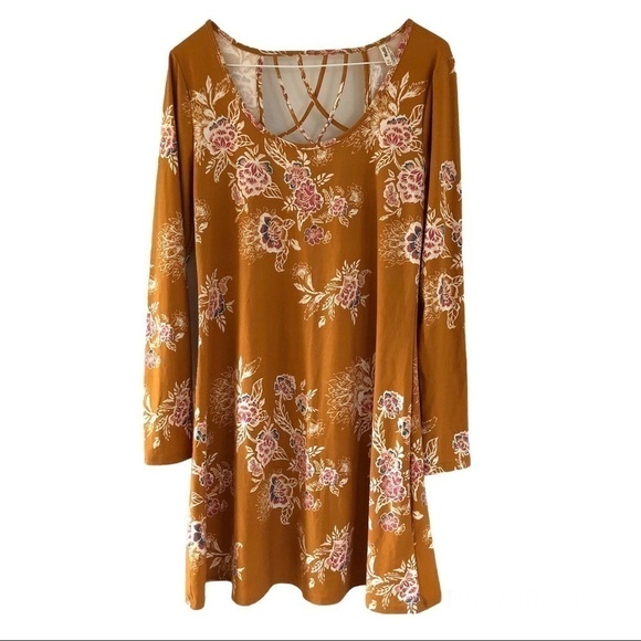 Mudd floral dress cut out back, long sleeve midi tunic dress. Mustard yellow M - Picture 1 of 7